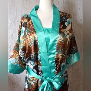 Midnight Velvet Teal and Brown Women's Kimono Robe and Nightgown Mix Print